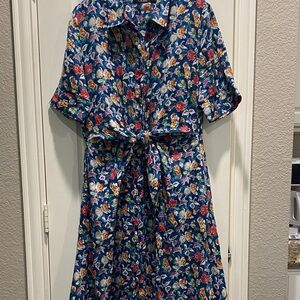 Lauren Ralph Lauren Blue Floral Linen Dress with Tie Front